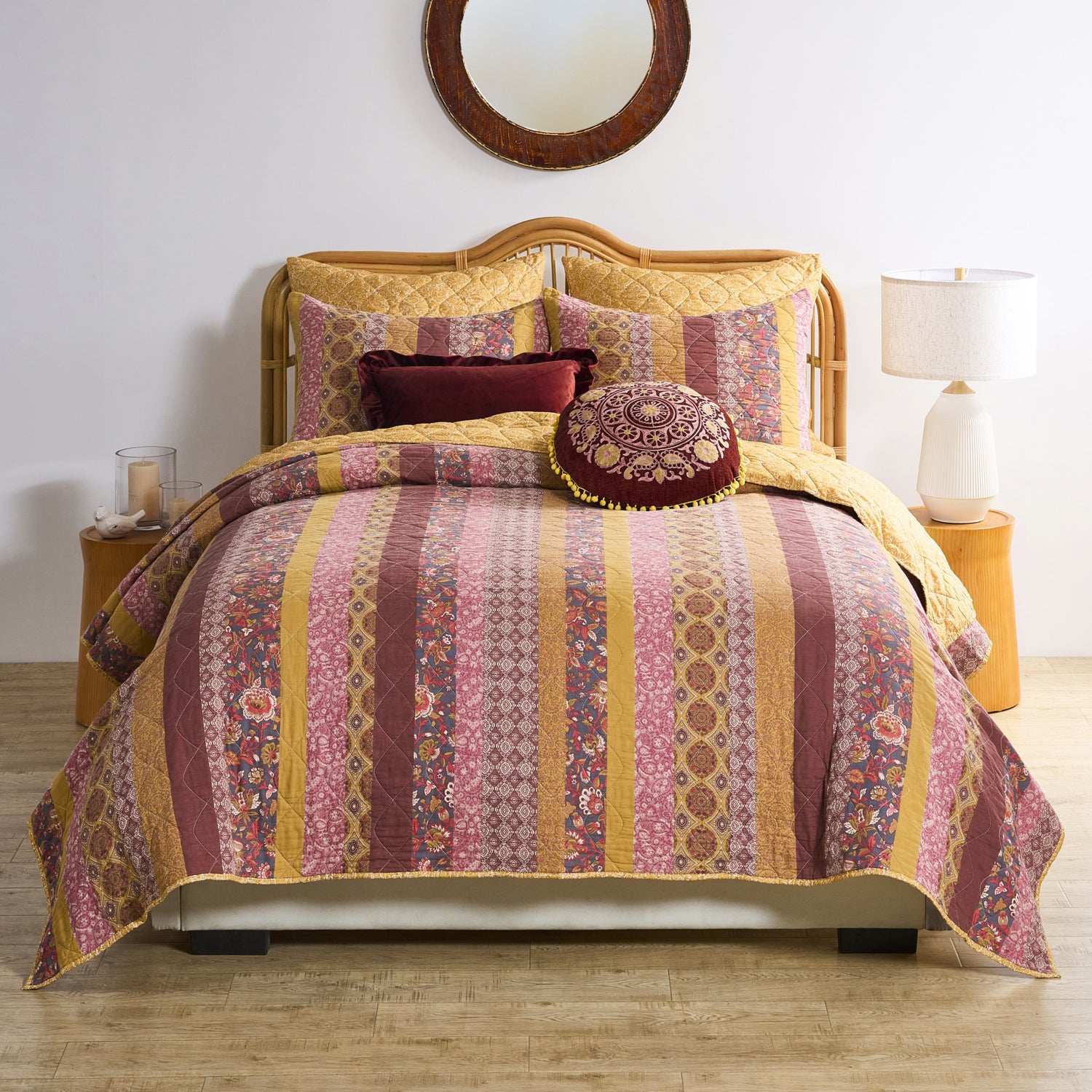 Greenland Home Fashion Marigold Cotton Face Microfiber Back Poly Cotton Fill Quilt Set Sunset