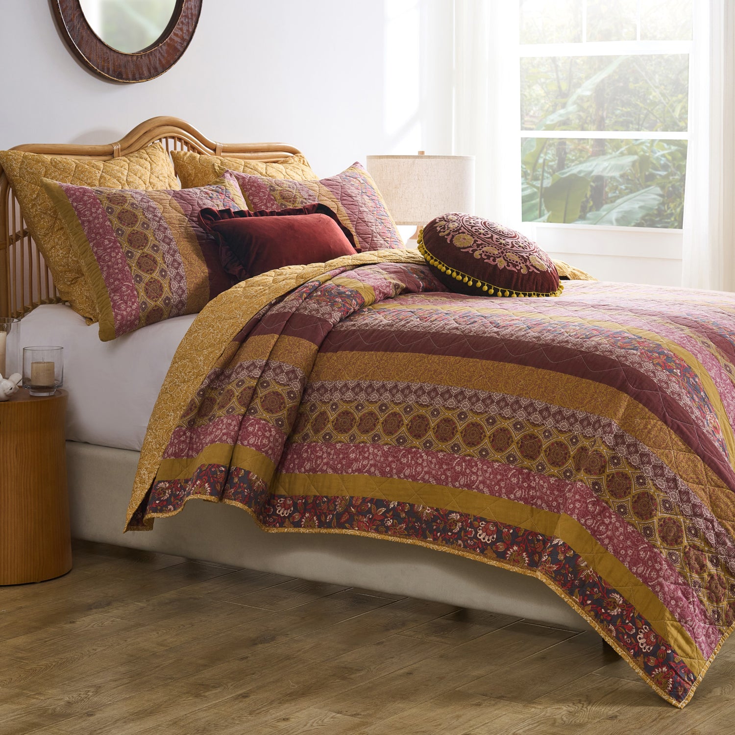 Greenland Home Fashion Marigold Cotton Face Microfiber Back Poly Cotton Fill Quilt Set Sunset