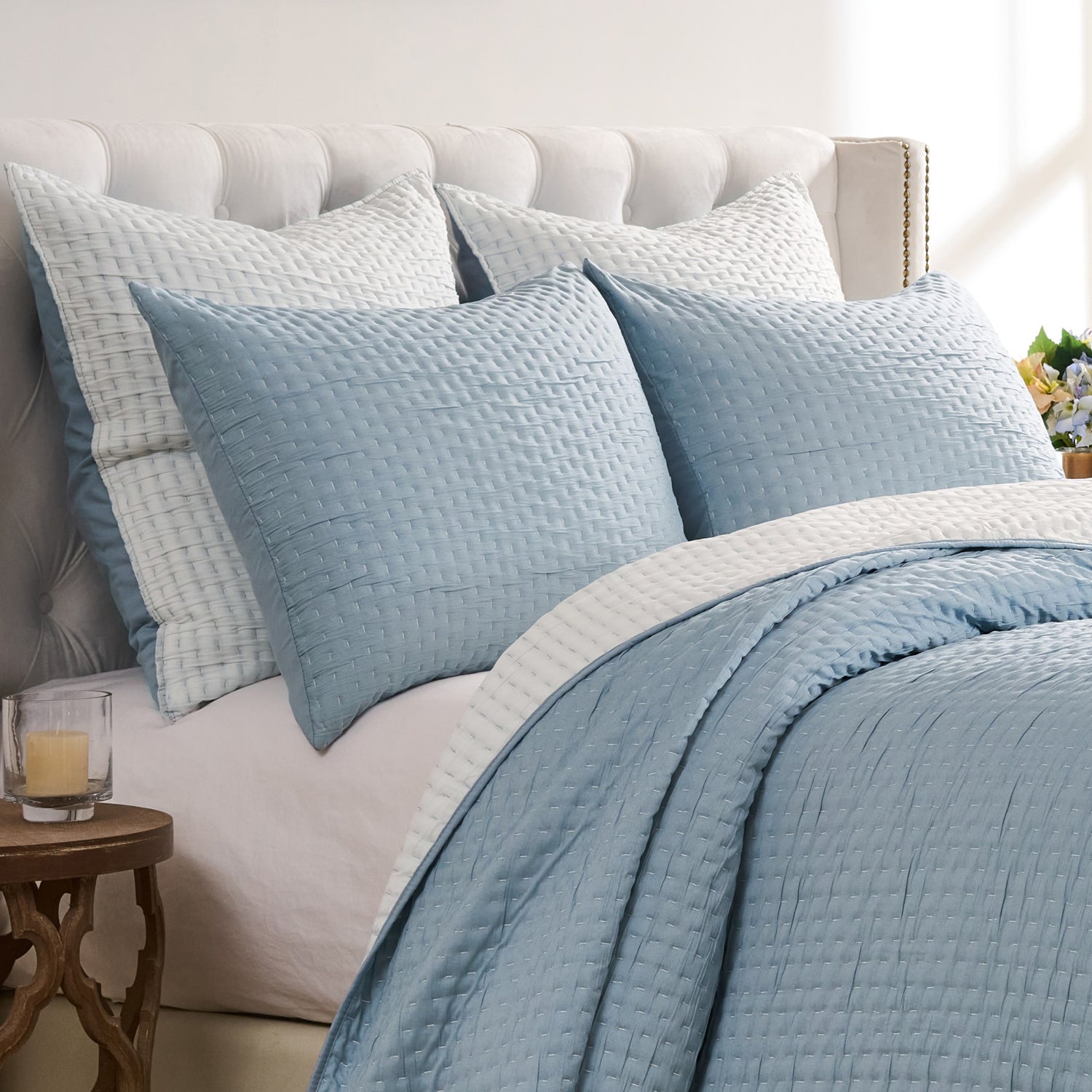 Greenland Home Fashions Homestead 100% Woven Polyester Jacquard Hand Quilted Pillow Sham Sky Blue