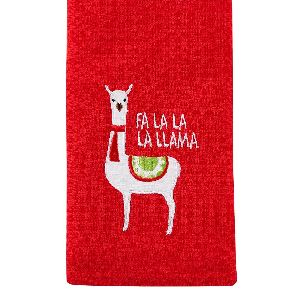 SKL Home Saturday Knight Ltd Fa La Llama Red Waffle Design Embroidery Dish Towel Set - 2-Piece - 16x26", Red