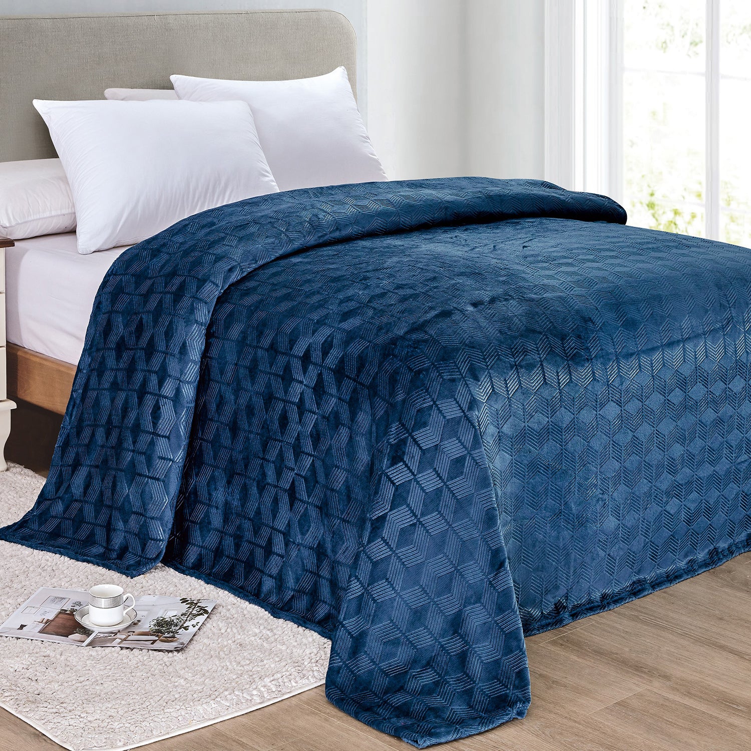 Amrani Bedcover Embossed Blanket Soft Premium Microplush Navy by Plazatex