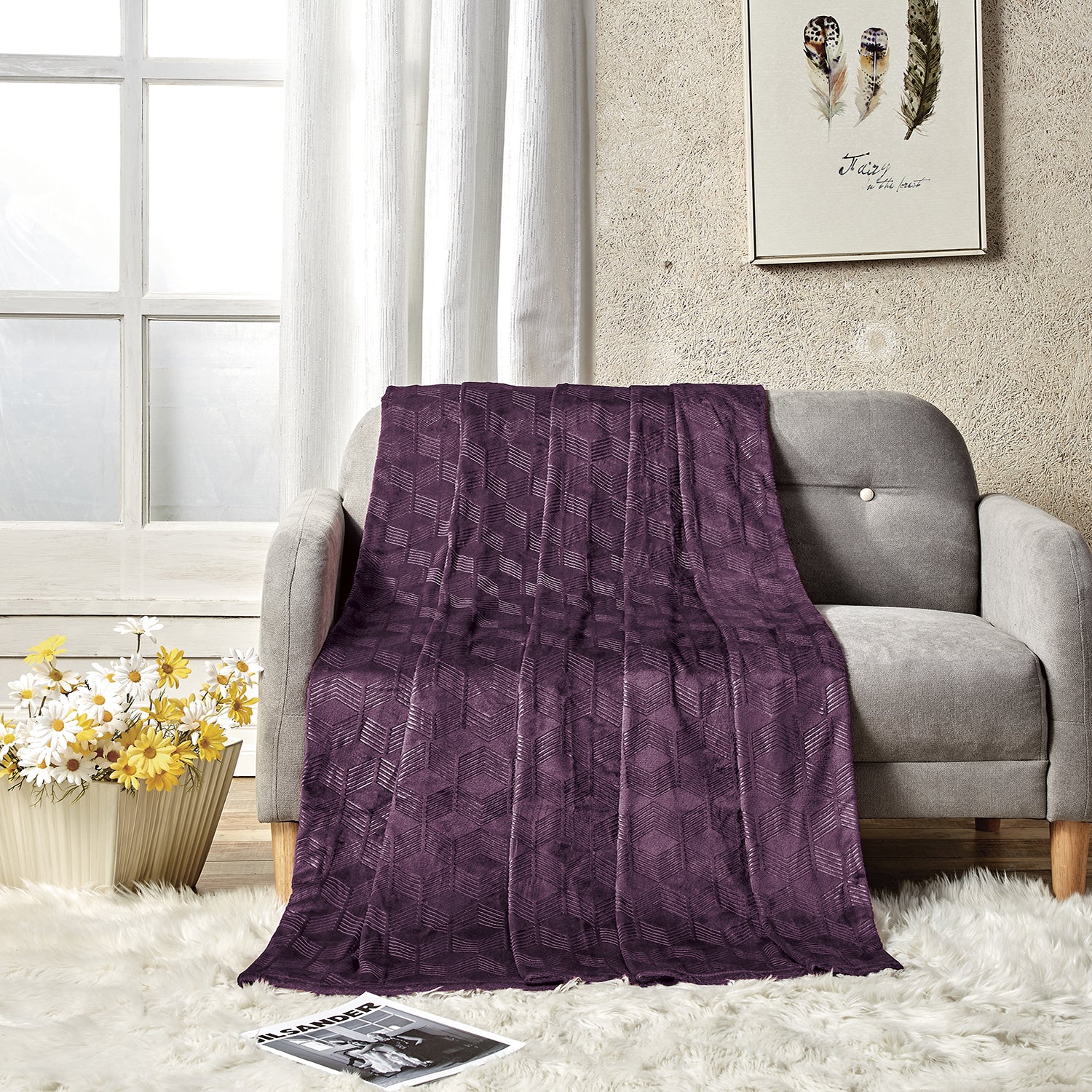 Amrani Soft Premium Microplush Bedcover Embossed Blanket Plum by Plazatex