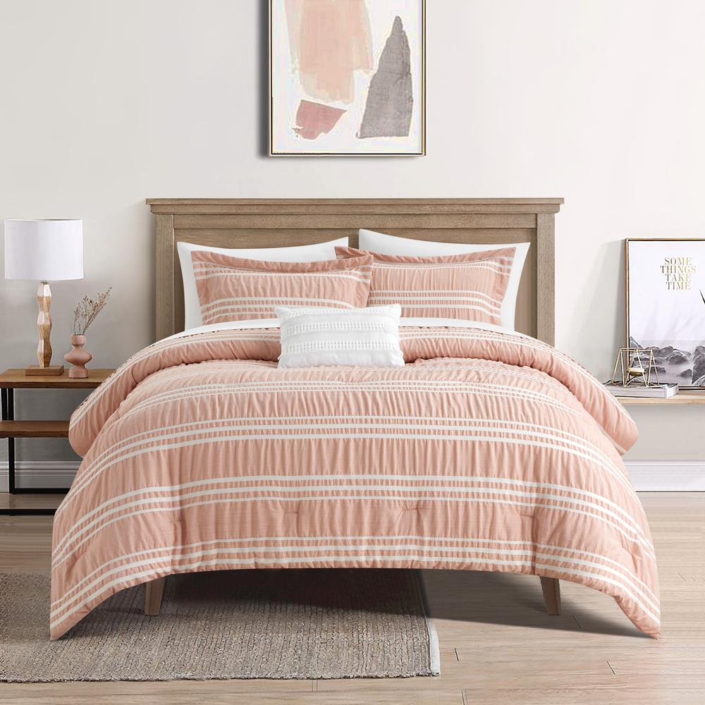 Chic Home Emma Bedding Comforter, Seersucker Fabric with Striped Design, 6 Pieces Comforter Set Blush Pink