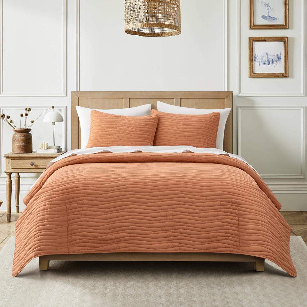 Chic Home Kyrie 3 Piece Quilt Set, Contemporary Organic Wavy Stitched, Bdding Quilts Brick Red