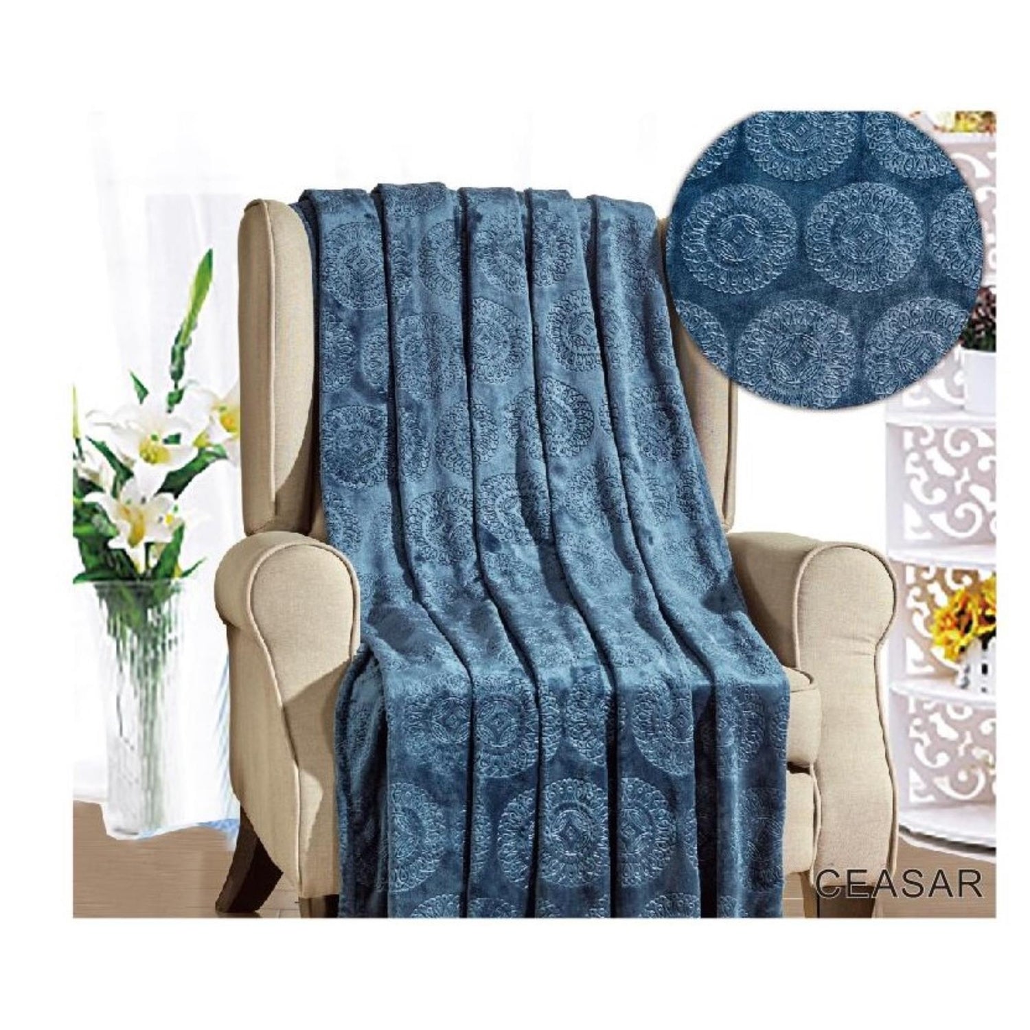 Ceasar Soft Plush Contemporary Embossed Collection All Season Throw 50"x60", Oxford Blue