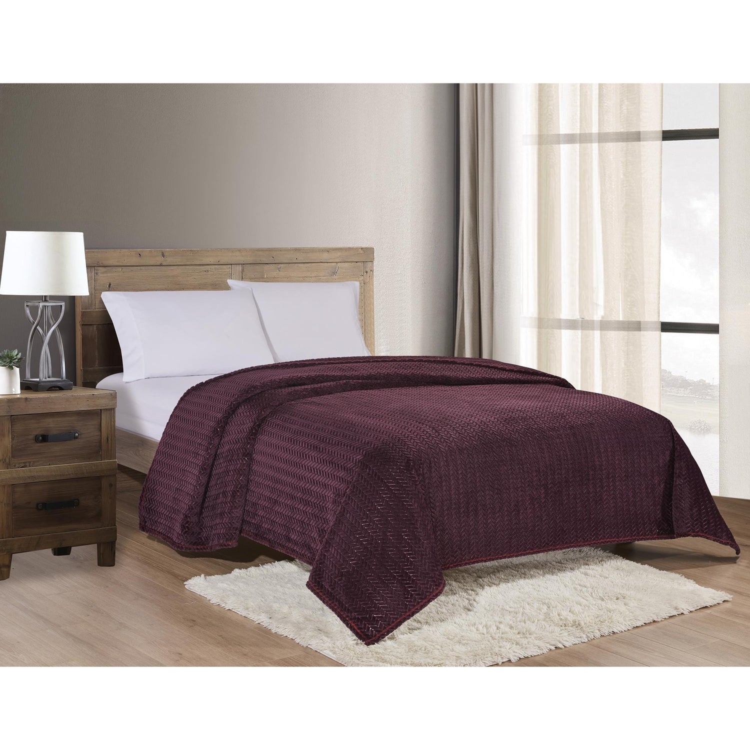 Chevron Reversible and Comfortable Braided Oversized Plush All Season Blanket, Queen, Plum