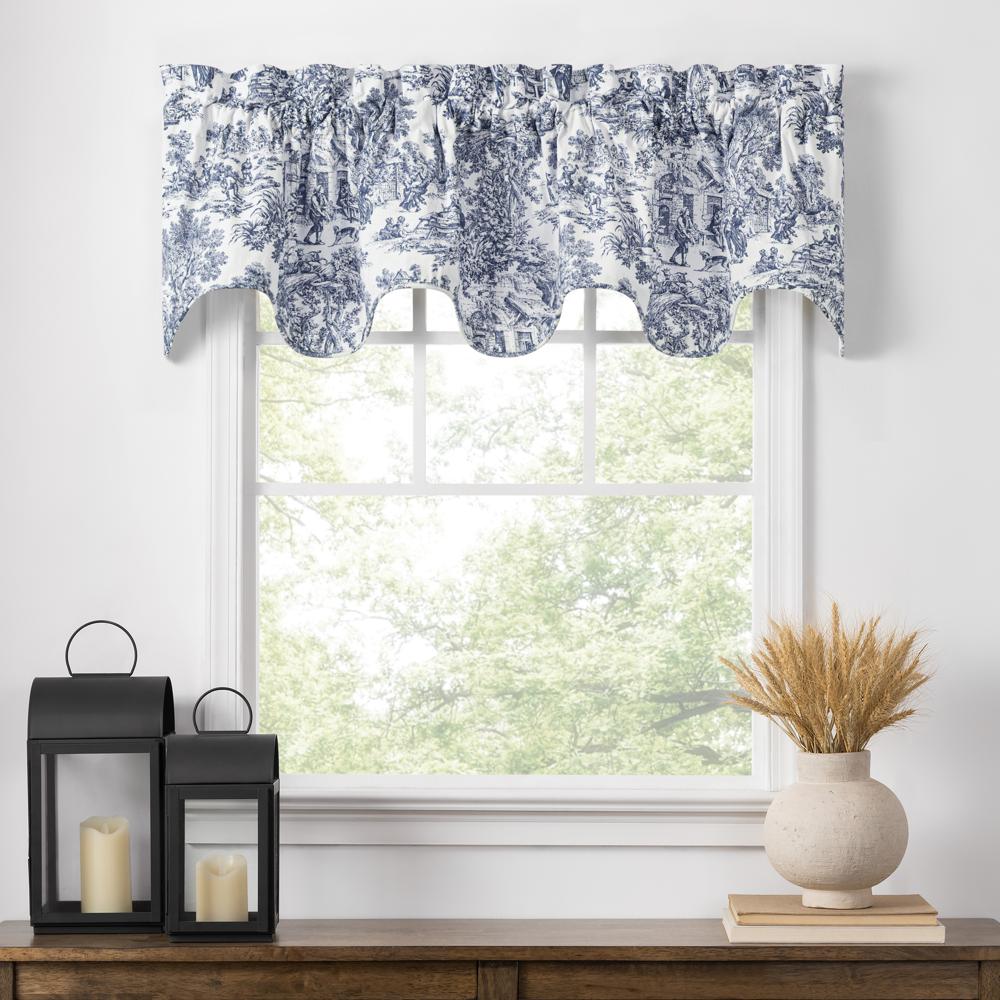 Ellis Curtain Victoria Park Toile Room Darkening Solid Color Lined Scallop Window Valance - 70 x15", Blue