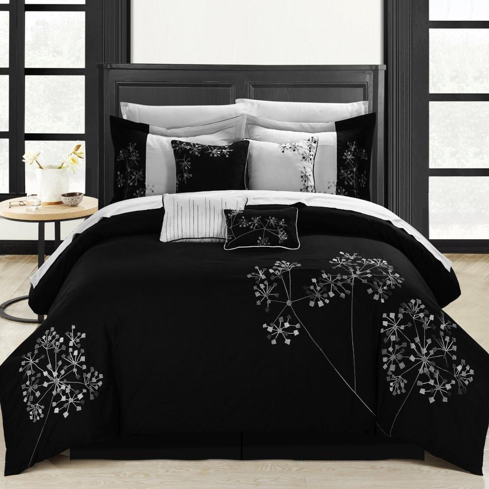 Chic Home Pink Floral Microfiber Embroidered 8 Pieces Comforter Bed In A Bag Set Black-White