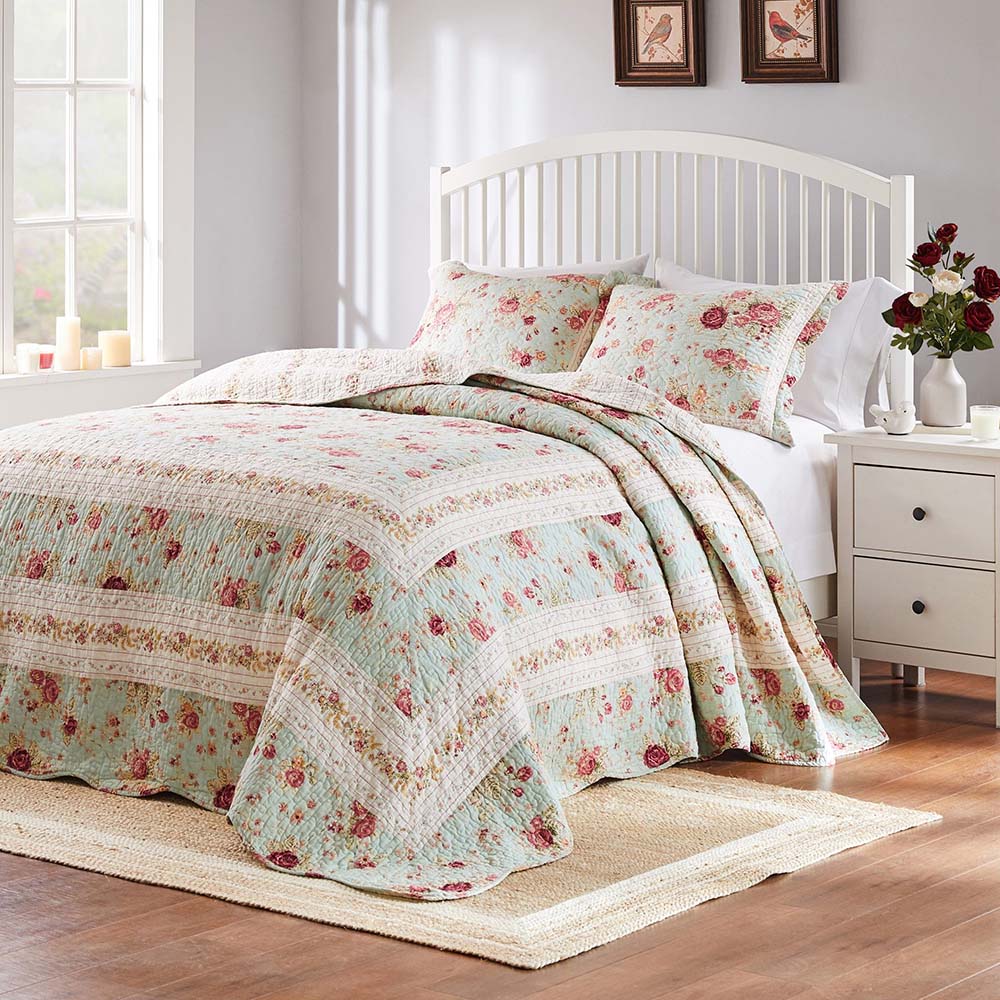 Greenland Home Antique Rose Bright Florals and Whimsical Songbirds Bedspread Set 3-Piece King/California King Blue - King/California King