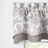 Ellis Curtain 100% Cotton Victoria Park Toile Bradford Shaped Window Valance With Print over Solid 70" x 15" Grey