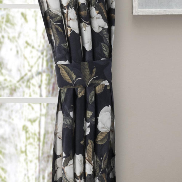Ellis Curtain Magnolia Lined 3" Rod Pocket Curtain Panel Pair with Tiebacks Blac