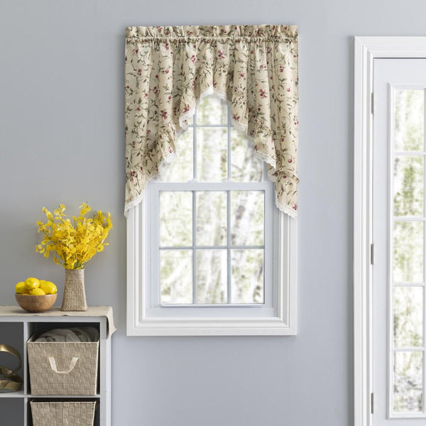 Ellis Curtain Cherries Ruffled 1.5" Rod Pocket Swag for Windows Lace Edge 58" x