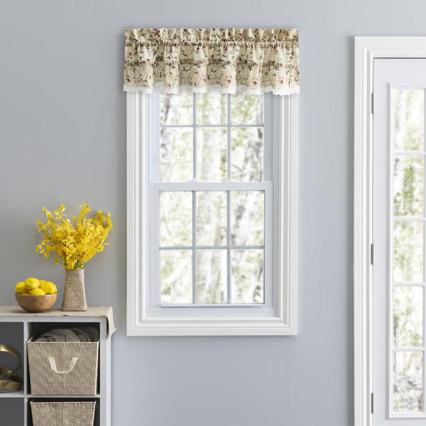 Ellis Curtain Cherries Ruffled 1.5" Rod Pocket Valance for Windows 52" x 12" Nat