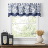 Ellis Curtain 100% Cotton Victoria Park Toile Bradford Shaped Window Valance With Print over Solid 70" x 15" Blue