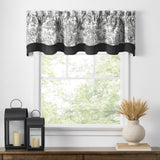 Ellis Curtain 100% Cotton Victoria Park Toile Bradford Shaped Window Valance With Print over Solid 70" x 15" Black