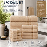 Plazatex 100% Premium Cotton Textured Border Ultra Soft Absorbent 12 Piece Bathroom Towel Set