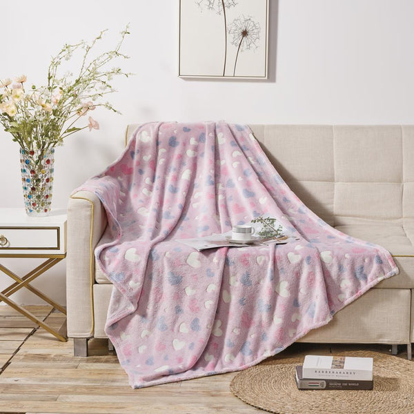 Plazatex Pink Hearts Soft & Cozy Glow in the Dark Throw Blanket Ideal for Bedroo