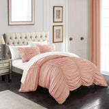 Chic Home Kaiah 3 Piece Comforter Set Contemporary Striped Ruched Ruffled Design Bedding - Decorative Pillow Shams Included Coral