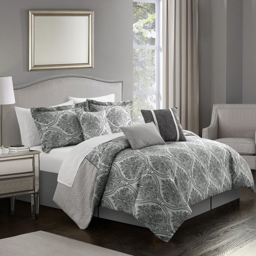 Chic Home Phantogram 11 Piece Comforter Set Reversible Two-Tone Damask Pattern Geometric Quilting Bed in a Bag - Sheets Pillowcases Bed Skirt Decorative Pillows Shams Included - Grey