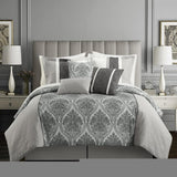 Chic Home Phantogram 7 Piece Comforter Set Reversible Two-Tone Damask Pattern Geometric Quilting Bedding - Bed Skirt Decorative Pillows Shams Included - Grey