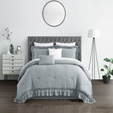 Chic Home Kensley Comforter Set Washed Crinkle Ruffled Flange Border Design Bedding Grey