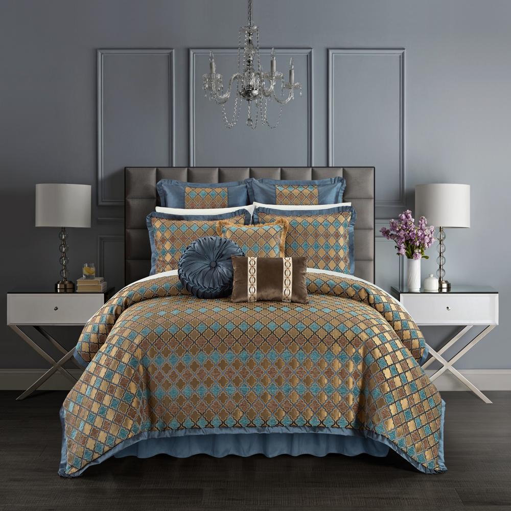 Chic Home Sue Comforter Set Chenille Geometric Scroll Pattern Flange Border Bedding - Bed Skirt Decorative Pillows Shams Included - Blue