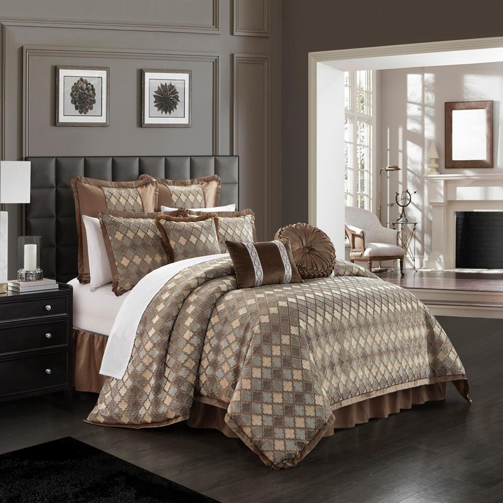 Chic Home Sue Comforter Set Chenille Geometric Scroll Pattern Flange Border Bedding - Bed Skirt Decorative Pillows Shams Included - Brown