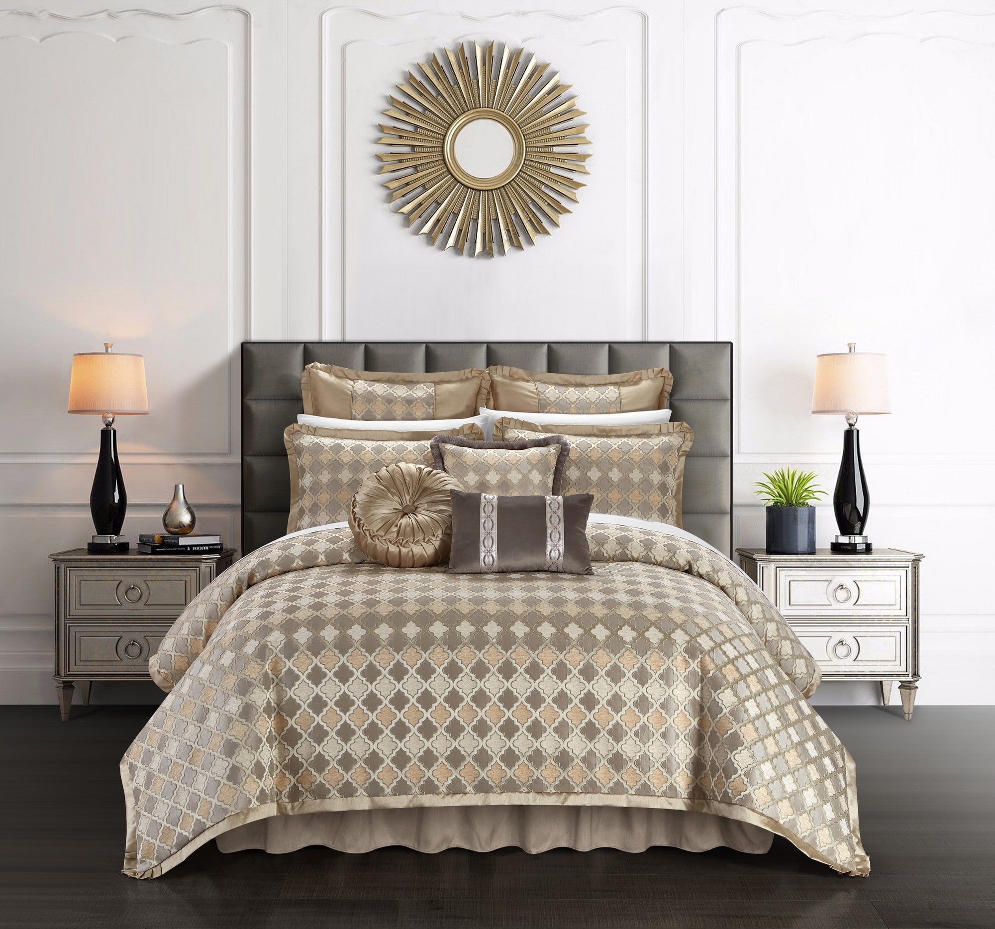 Chic Home Sue Comforter Set Chenille Geometric Scroll Pattern Flange Border Bedding - Bed Skirt Decorative Pillows Shams Included - Beige