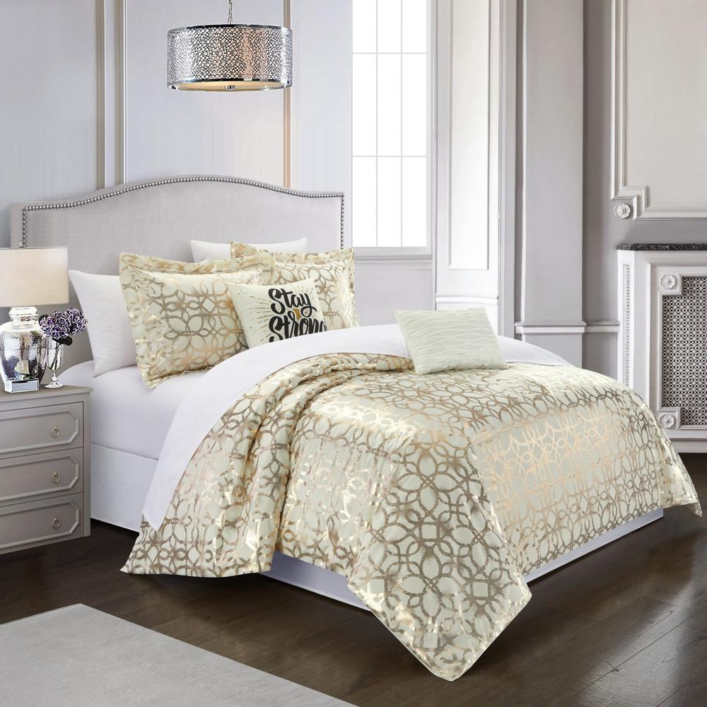 Chic Home Shefield Comforter Set Geometric Gold Tone Metallic Lattice Pattern Print Bedding - Decorative Pillows Shams Included - Beige