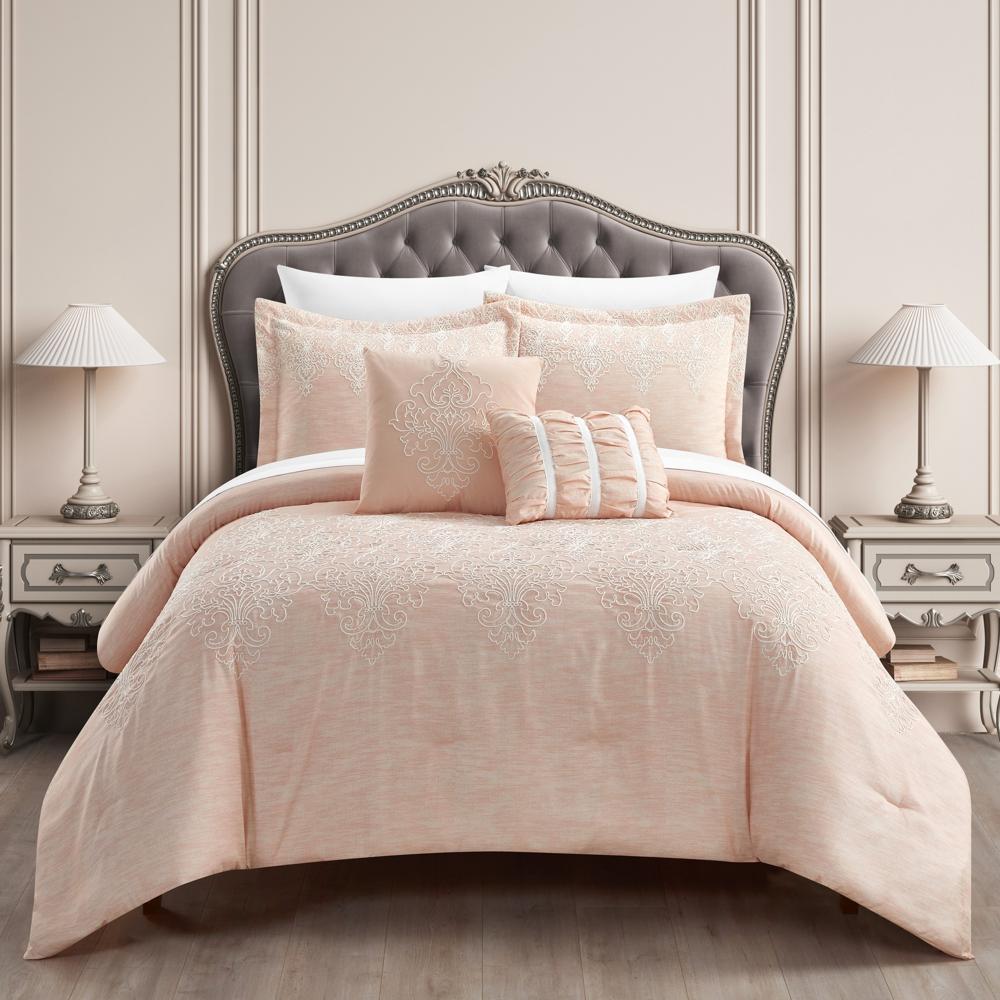Chic Home Hubli Comforter Set Embroidered Pattern Heathered Bedding - Sheet Set Decorative Pillows Shams Included - 9 Piece - Blush