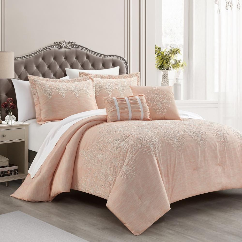 Chic Home Hubli Comforter Set Embroidered Pattern Heathered Bedding - Sheet Set Decorative Pillows Shams Included - 9 Piece - Blush