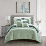 Chic Home Macie Comforter Set Jacquard Woven Geometric Design Pleated Quilted Details Bed In A Bag Bedding - Sheet Set Decorative Pillows Shams Included - 10 Piece - Green