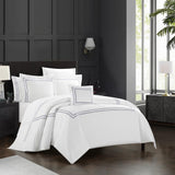 Chic Home Milos Cotton Comforter Set Solid White With Dual Stripe Embroidered Border Hotel Collection Bedding - Includes Decorative Pillow Shams - 4 Piece - Blue