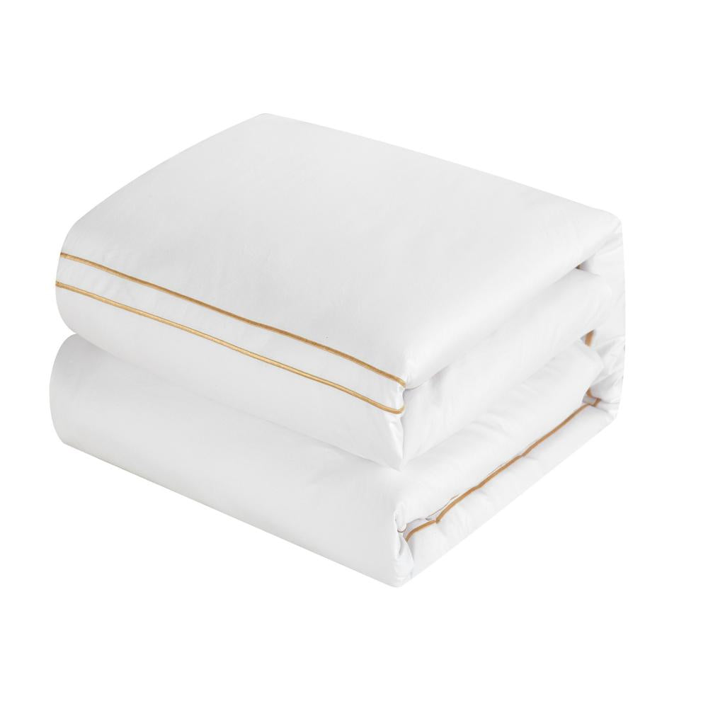 Chic Home Santorini Cotton Comforter Set Solid White With Dual Stripe Embroidered Border Hotel Collection Bedding - Includes Decorative Pillow Shams - 4 Piece - Gold