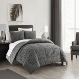 Chic Home Pacifica Comforter Set Textured Geometric Pattern Faux Rabbit Fur Micro-Mink Backing Bed In A Bag Bedding - Sheets Pillowcases Pillow Shams Included - 7 Piece - Grey