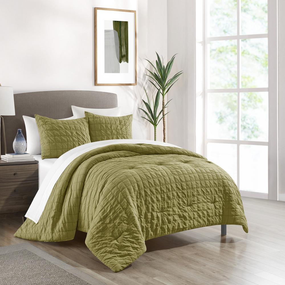 Chic Home Jessa Comforter Set Washed Garment Technique Geometric Square Tile Pattern Bed In A Bag Bedding - Sheets Pillowcases Pillow Shams Included - 7 Piece - Green