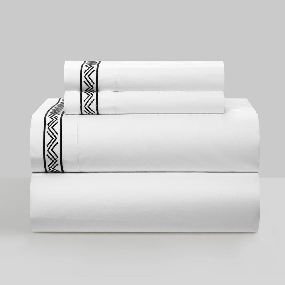 Chic Home Ella Cotton Duvet Cover Set Solid White Dual Stripe Embroidered Border Zig-Zag Details Hotel Collection Bedding - Includes Sheets Pillowcases Pillow Shams - 7 Piece - Black