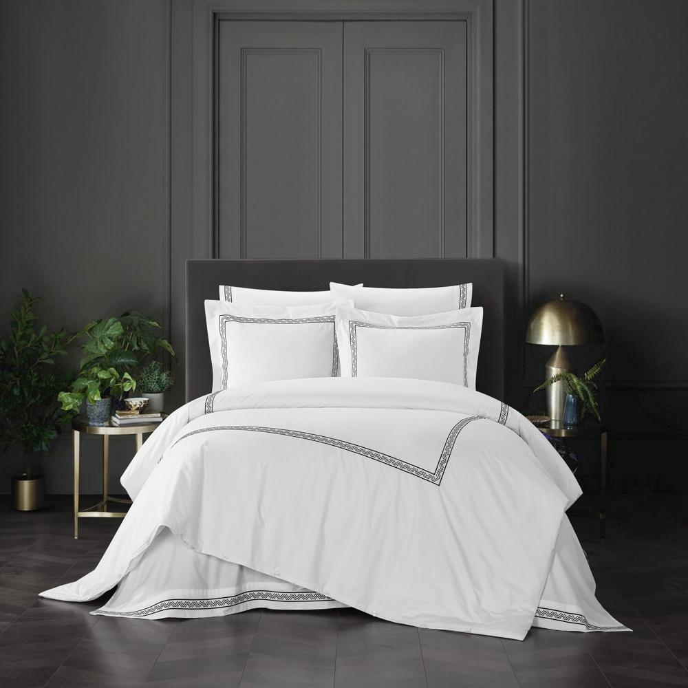 Chic Home Ella Cotton Duvet Cover Set Solid White Dual Stripe Embroidered Border Zig-Zag Details Hotel Collection Bedding - Includes Sheets Pillowcases Pillow Shams - 7 Piece - Black
