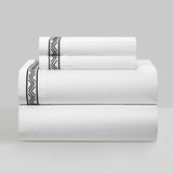 Chic Home Ella Cotton Duvet Cover Set Solid White Dual Stripe Embroidered Border Zig-Zag Details Hotel Collection Bedding - Includes Sheets Pillowcases Pillow Shams - 7 Piece - Black