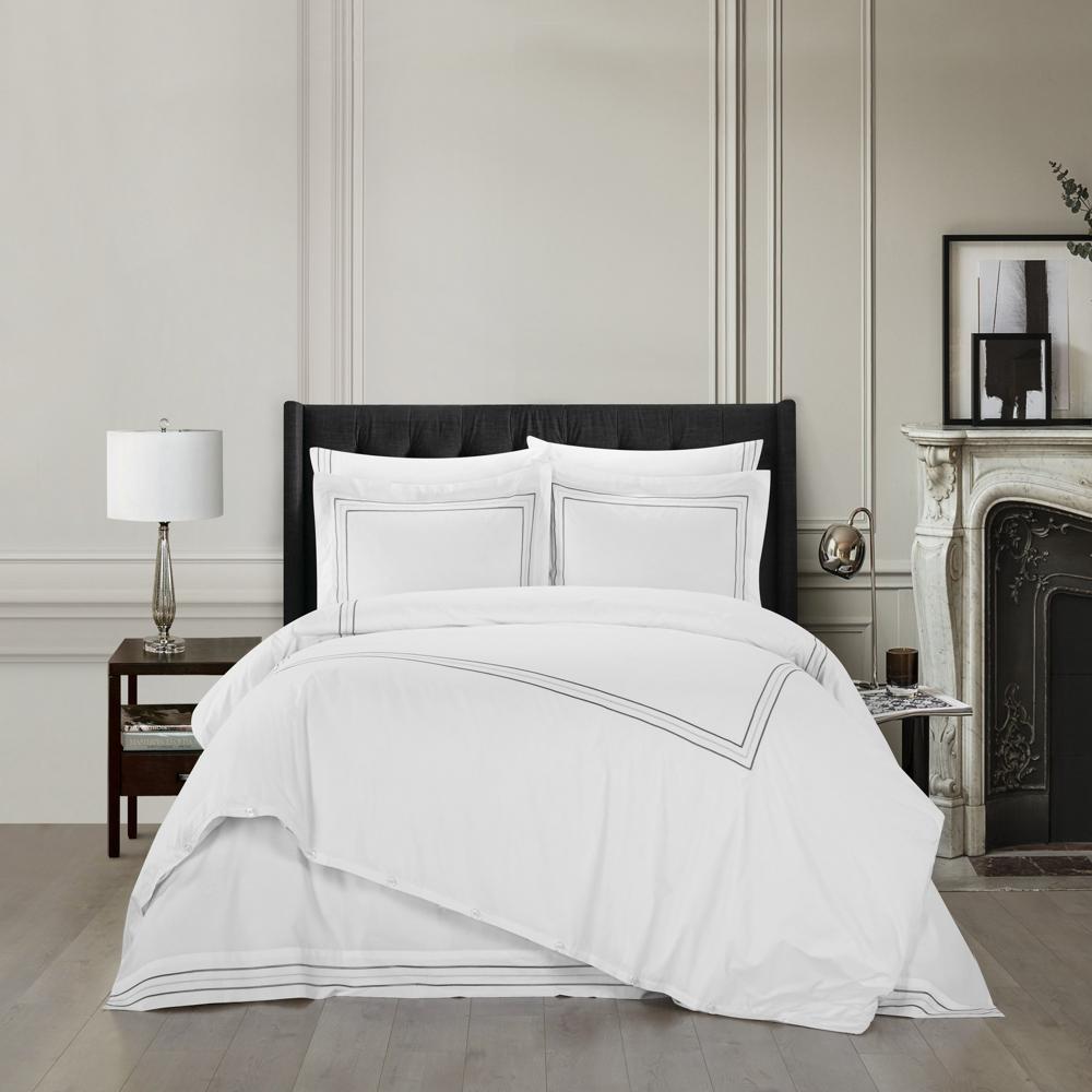 Chic Home Alexander Cotton Duvet Cover Set Solid White With Dual Stripe Embroidered Hotel Collection Bedding - Includes Two Pillow Shams - 3 Piece - Grey