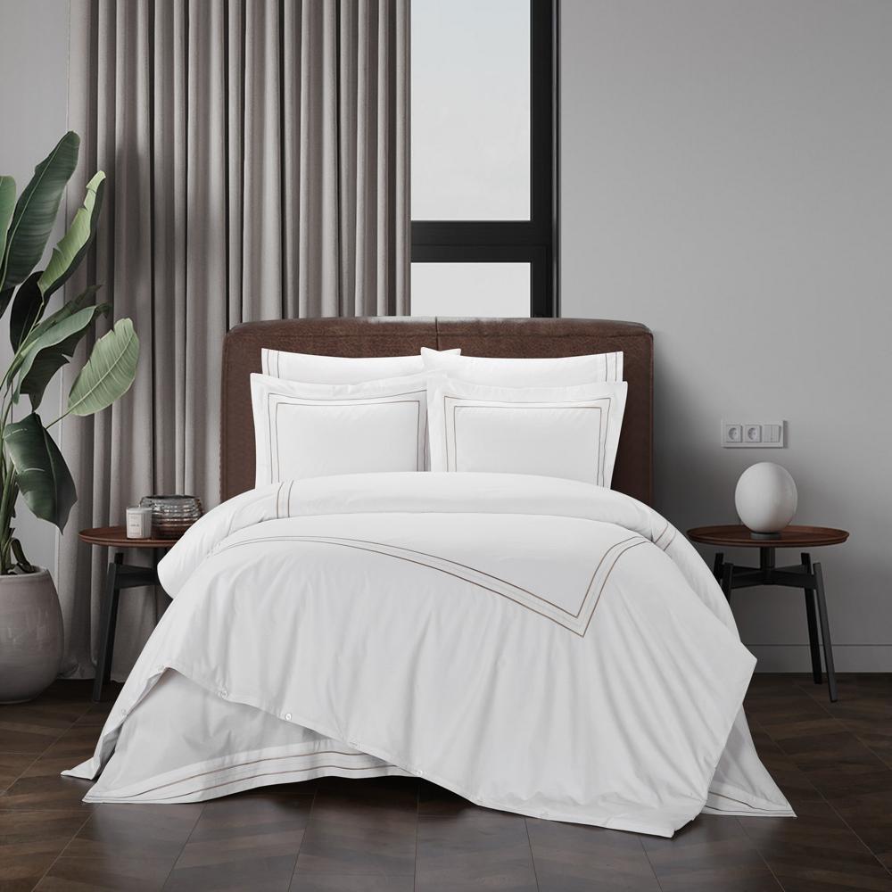 Chic Home Alexander Cotton Duvet Cover Set Solid White With Dual Stripe Embroidered Hotel Collection Bedding - Includes Two Pillow Shams - 3 Piece - Beige