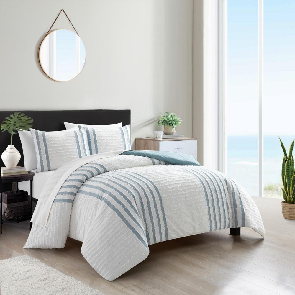 Chic Home Salma Cotton Duvet Cover Set Clip Jacquard Striped Pattern Design Bedding - Decorative Pillow Shams Included - 3 Piece - Green