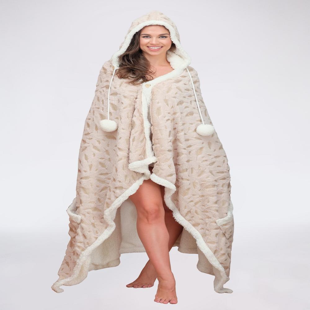 Chic Home Ansen Snuggle Hoodie Leaf Pattern Metallic Print Robe Cozy Super Soft Ultra Plush Micromink Sherpa Lined Wearable Blanket with 2 Pockets Hood Button Closure - 51x71”
