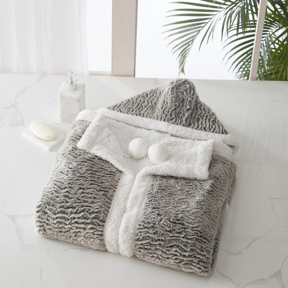 Chic Home Brighton Snuggle Hoodie Animal Pattern Robe Cozy Super Soft Ultra Plush Micromink Coral Fleece Sherpa Lined Wearable Blanket with 2 Pockets Hood Drawstring Closure - 51x71",Grey