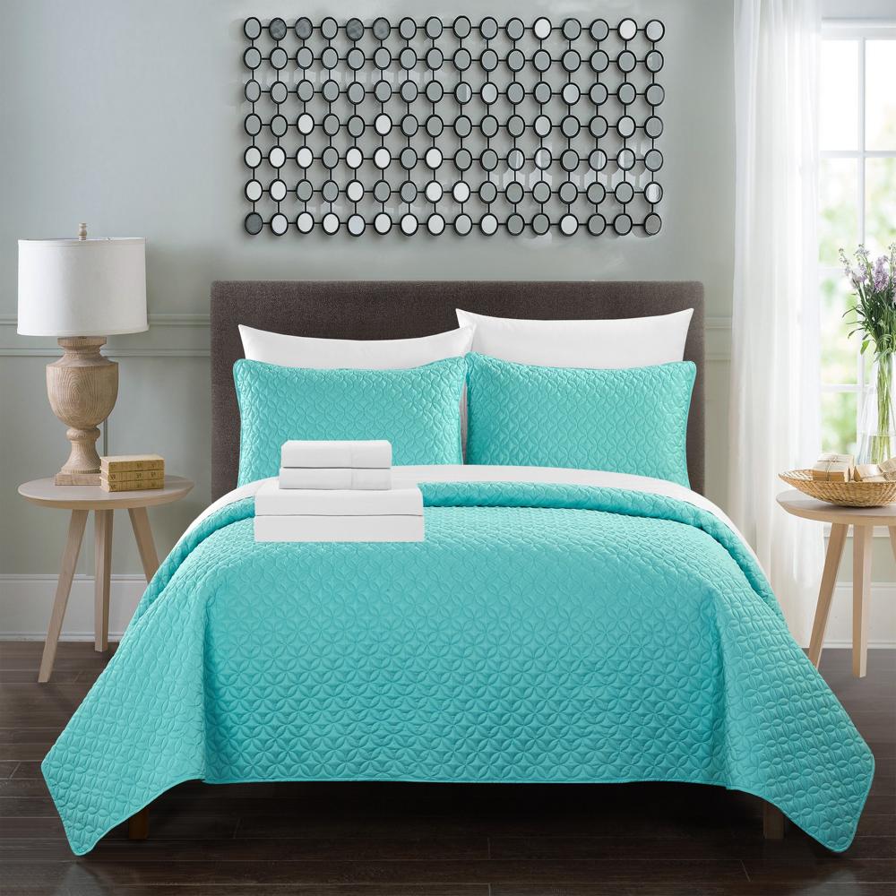 Chic Home Palmgren Rose Star Geometric 7 Pieces Quilted Bed In A Bag Soft Microfiber Sheet Set Decorative Pillows & Shams Aqua