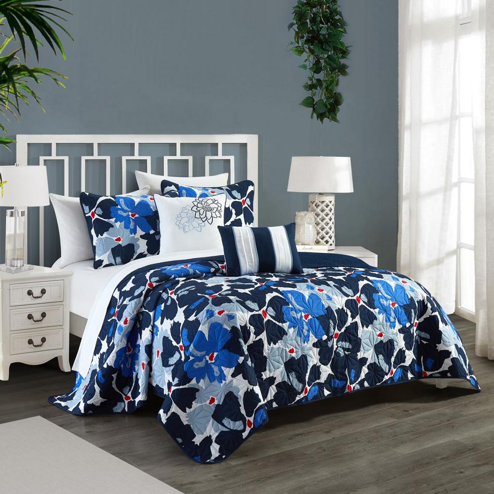 Chic Home Aster Quilt Set Contemporary Floral Design Bed In A Bag - Sheet Set Decorative Pillows Sham Included - Blue