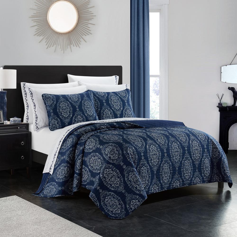 Chic Home Verona Quilt Set Striped Stitched Medallion Print Bed In A Bag - Sheet Set Decorative Pillow Shams Included - 9 Piece - Navy Blue