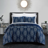 Chic Home Verona Quilt Set Striped Stitched Medallion Print Bed In A Bag - Sheet Set Decorative Pillow Shams Included - 9 Piece - Navy Blue