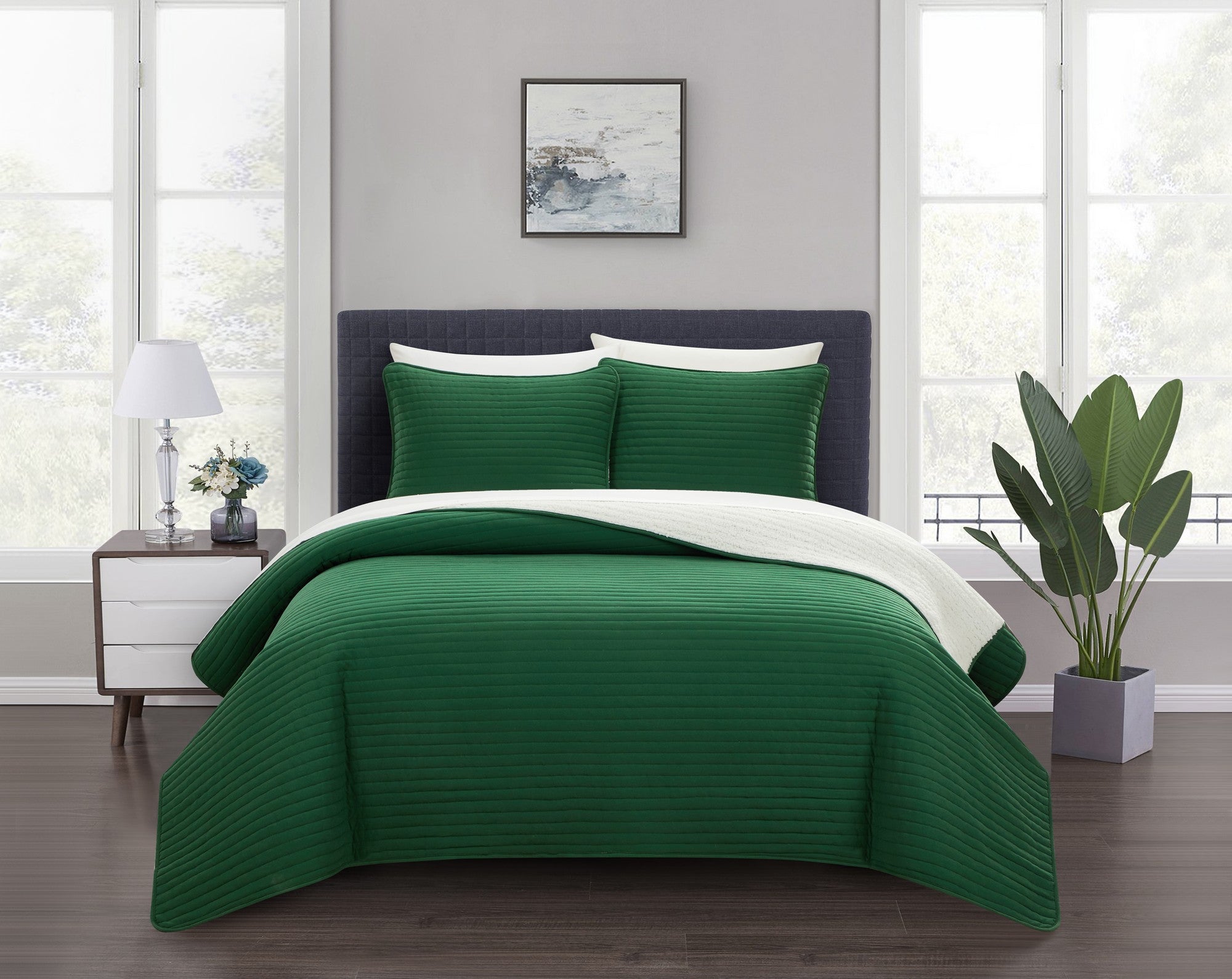 Chic Home St Paul Quilt Set Contemporary Striped Design Sherpa Lined Bedding - Pillow Shams Included - 3 Piece - Green