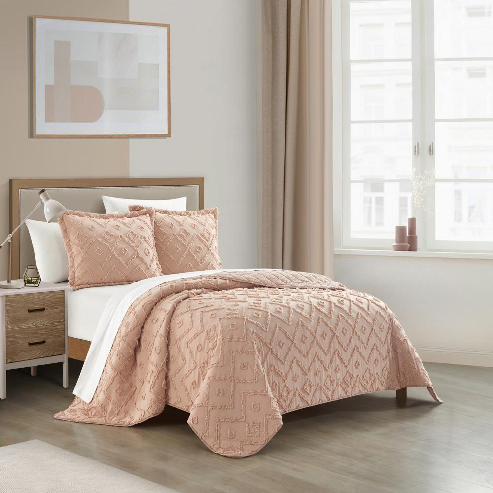 Chic Home Cody Cotton Quilt Set Clip Jacquard Geometric Pattern Bedding - Pillow Shams Included - 3 Piece - Dusty Rose